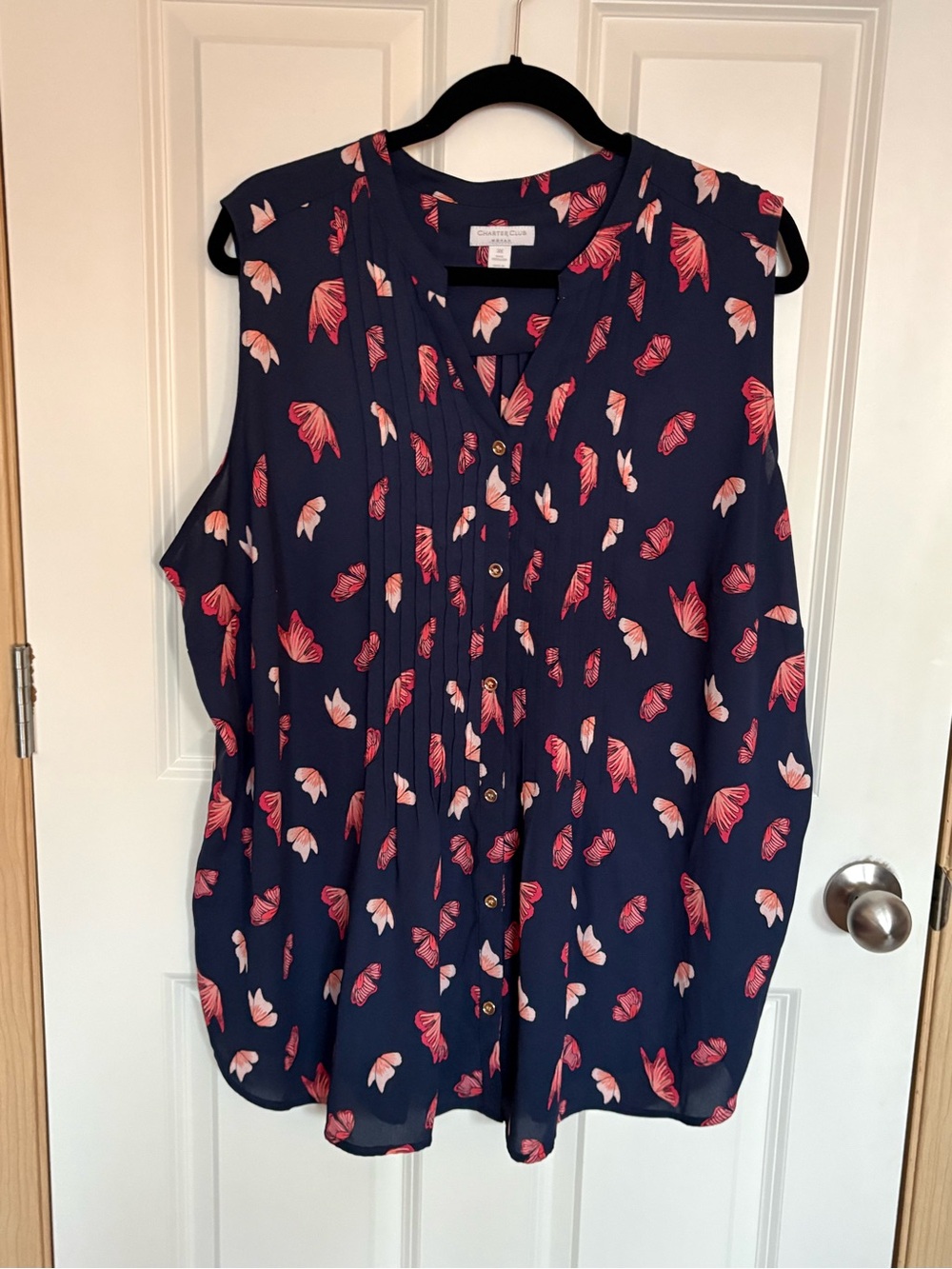 Charter Club Navy Sleeveless Blouse with Pink Leaf Print